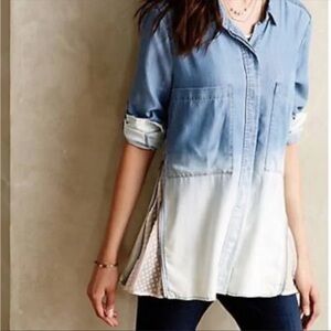 Holding Horses Anthropologie Ombre Denim Zip Lace Detail Shirt Size 2